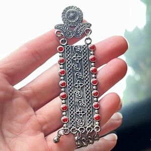 Oxidized Silver Traditional Jhumka Earring with Red Beads & Meenakari Details